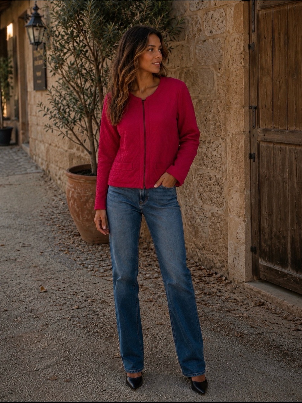 Talbots Deep Raspberry Zip-Front Quilt Sweatshirt